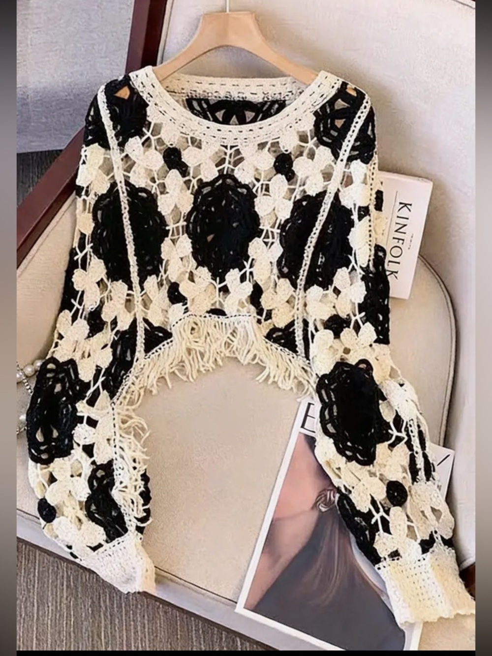 ShopEvelynne Black and Cream Crochet Sweater